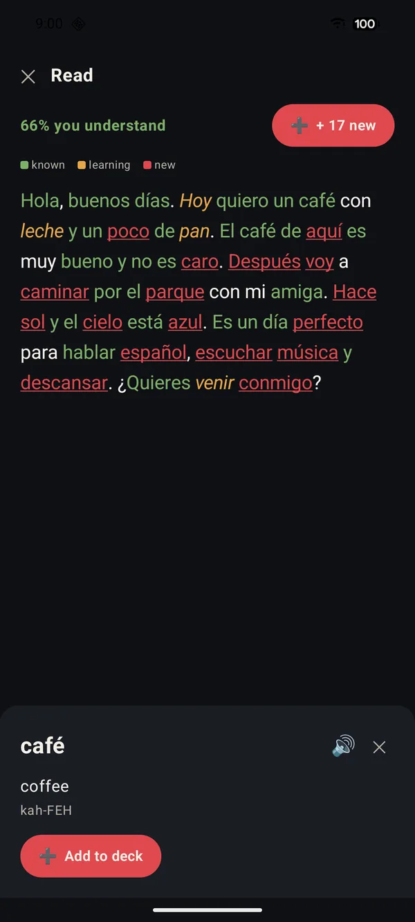 The reader shading a pasted Spanish paragraph by how well you know each word, showing “66% you understand”