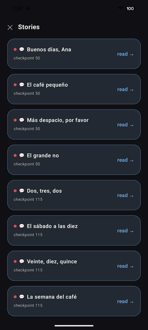 A list of short Spanish stories, each unlocked at a vocabulary checkpoint